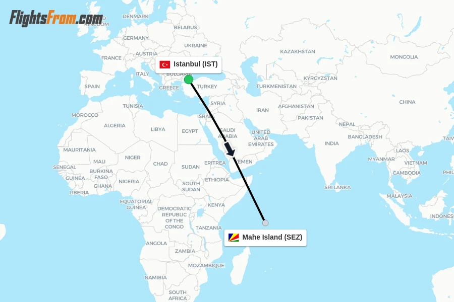 Flights from Istanbul to Mahe Island route map