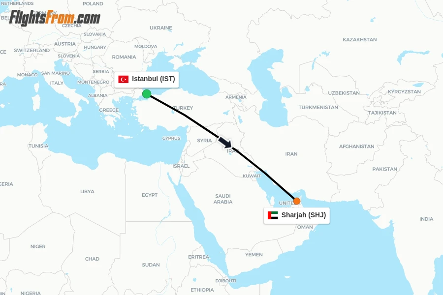 Flights from Istanbul to Sharjah route map