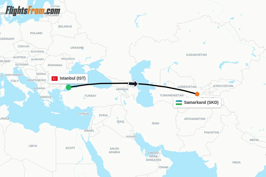 Flights from Istanbul to Samarkand route map
