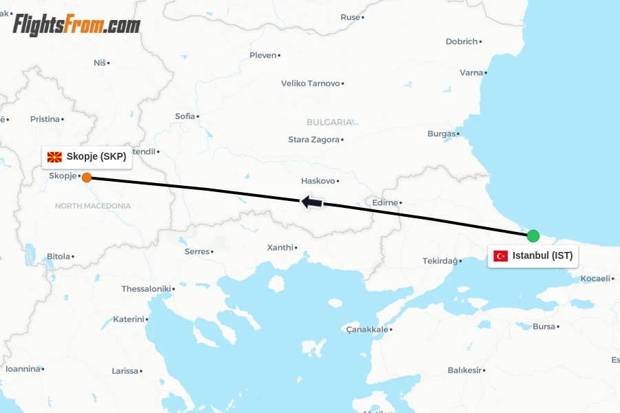 Flights from Istanbul to Skopje route map