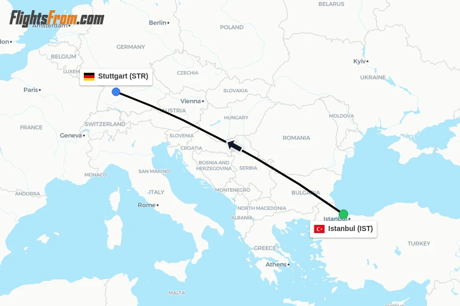 Flights from Istanbul to Stuttgart route map
