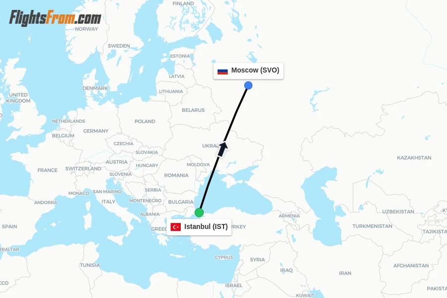Flights from Istanbul to Moscow route map