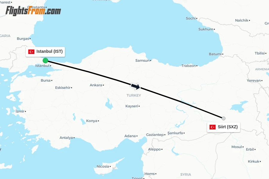 Flights from Istanbul to Siirt route map
