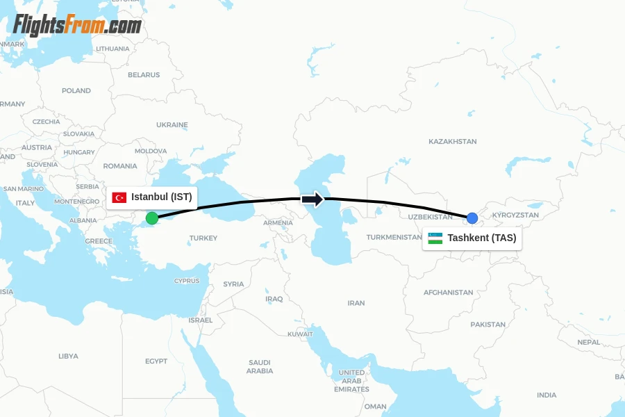 Flights from Istanbul to Tashkent route map