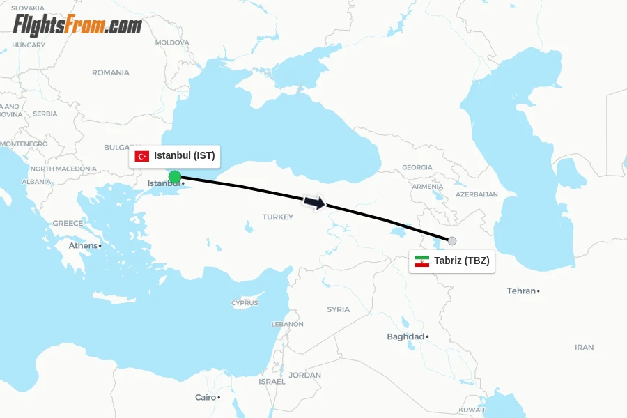 Flights from Istanbul to Tabriz route map