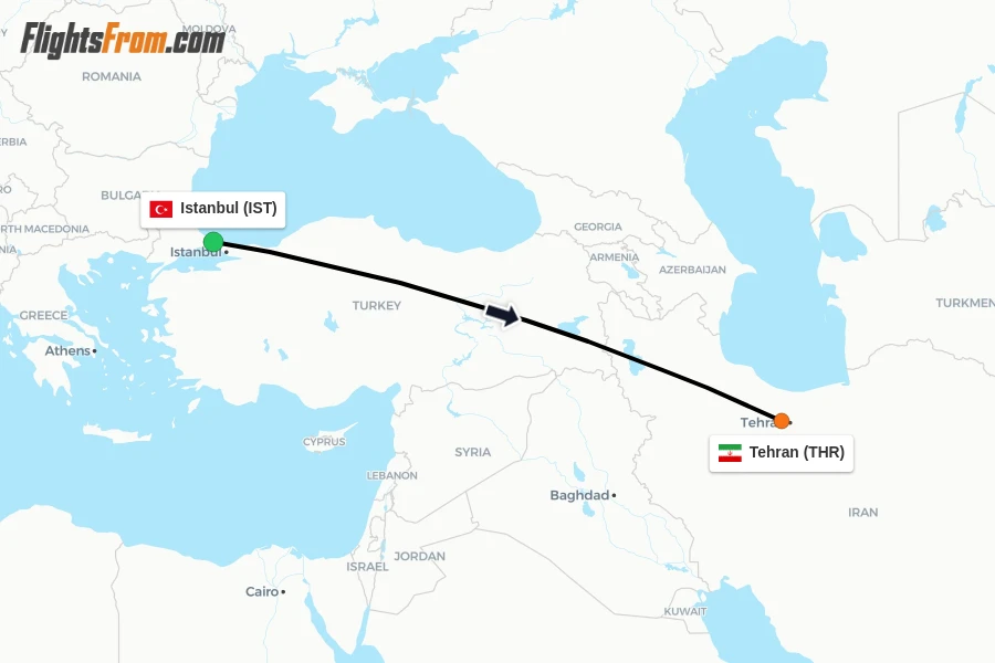 Flights from Istanbul to Tehran route map