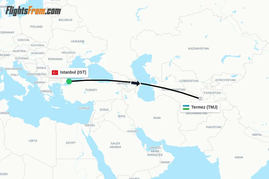 Flights from Istanbul to Termez route map