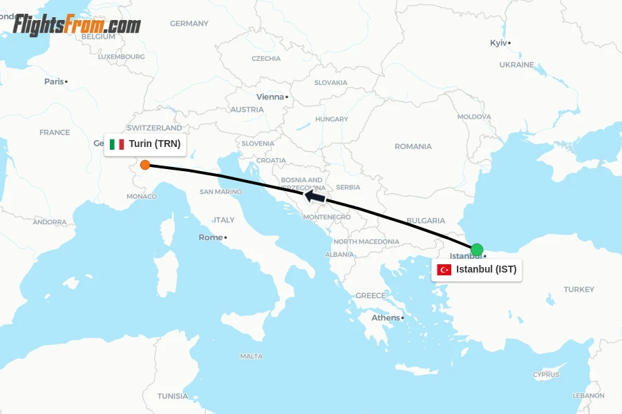 Flights from Istanbul to Turin route map