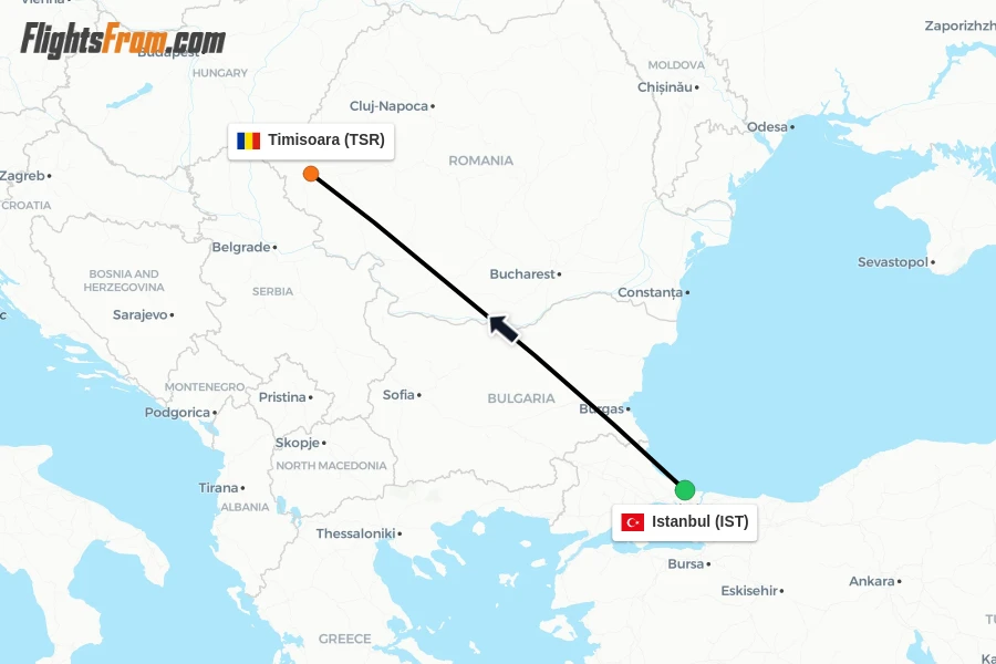 Flights from Istanbul to Timisoara route map