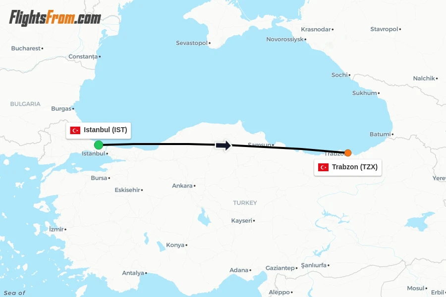 Flights from Istanbul to Trabzon route map