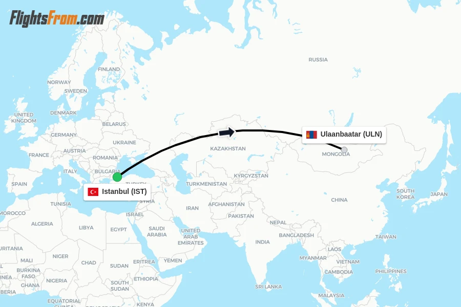 Flights from Istanbul to Ulaanbaatar route map