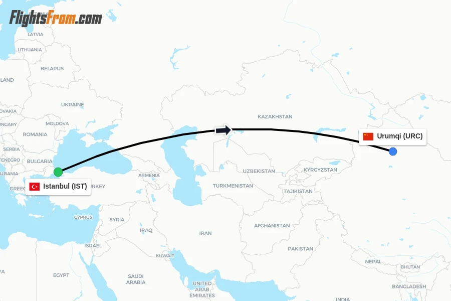Flights from Istanbul to Urumqi route map