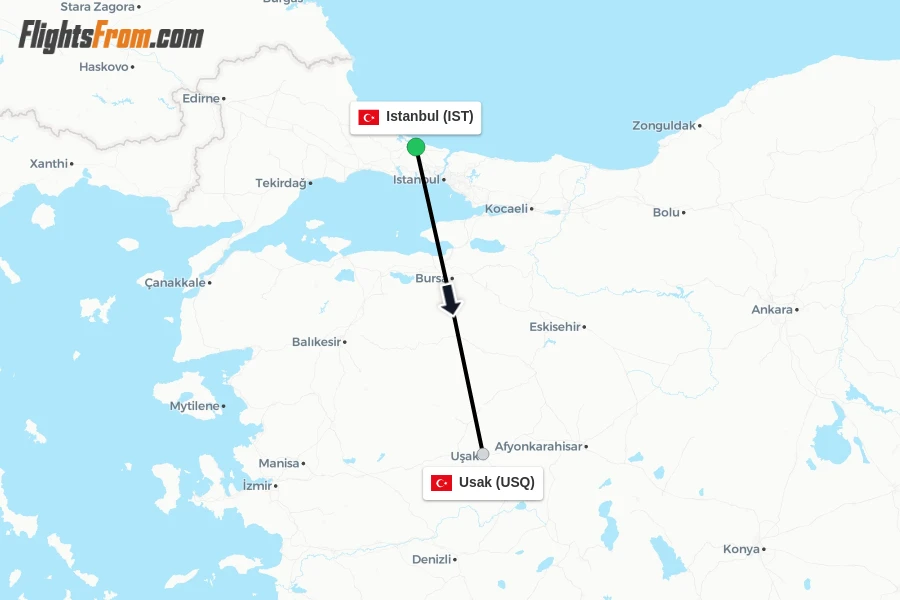 Flights from Istanbul to Usak route map