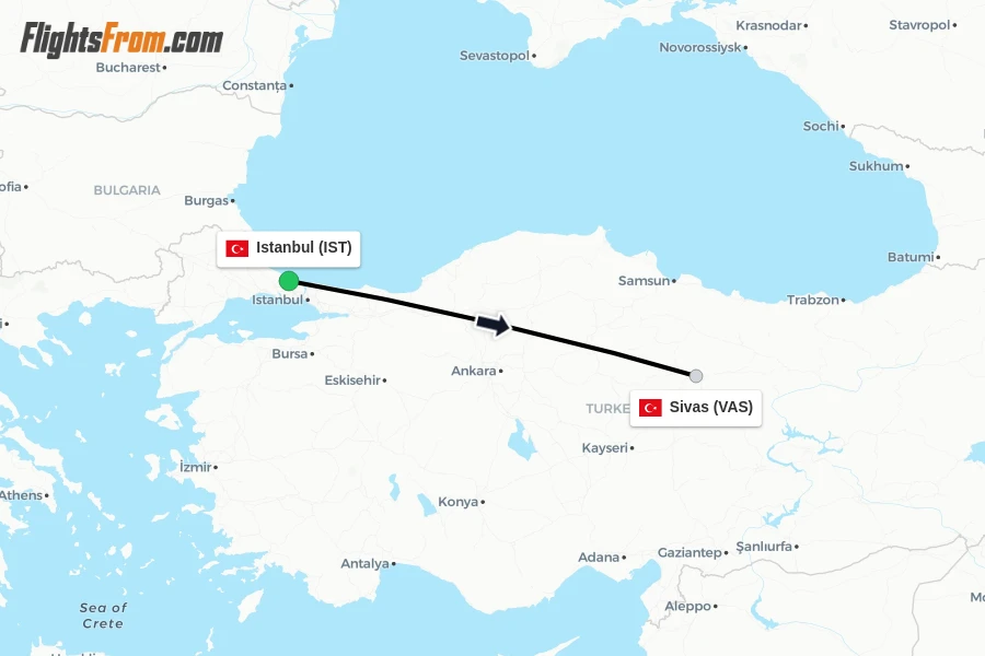 Flights from Istanbul to Sivas route map