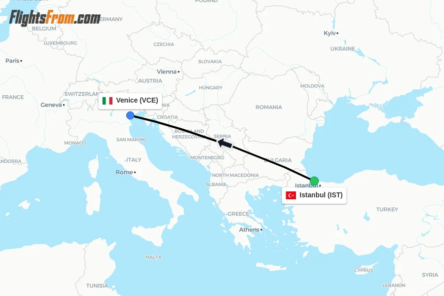 Flights from Istanbul to Venice route map
