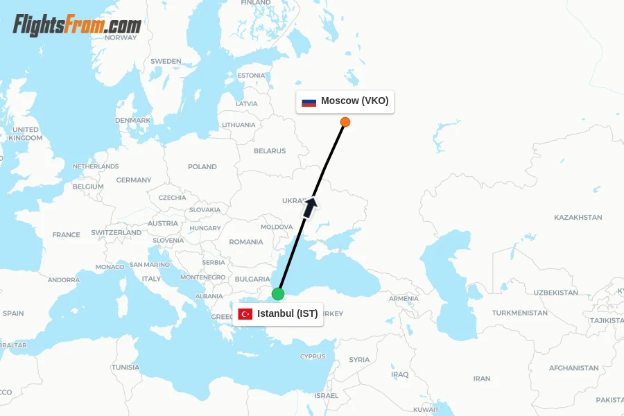 Flights from Istanbul to Moscow route map