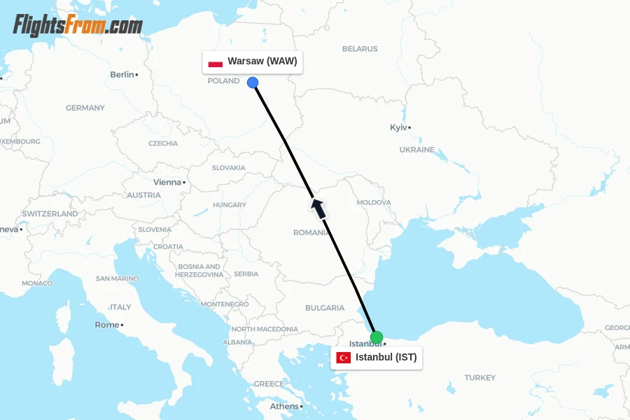 Flights from Istanbul to Warsaw route map