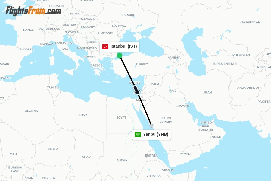 Flights from Istanbul to Yanbu route map