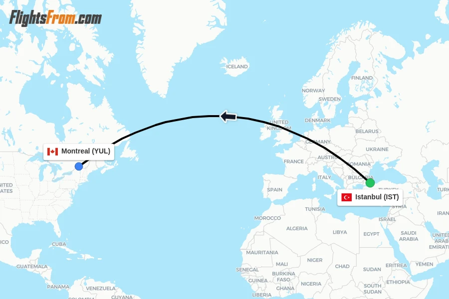 Flights from Istanbul to Montreal route map
