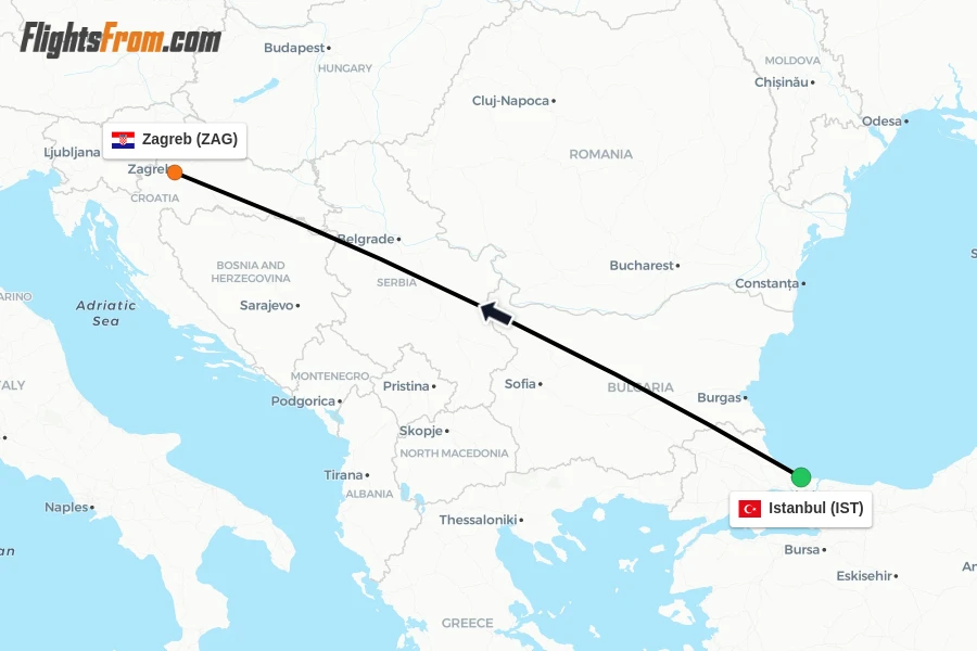 Flights from Istanbul to Zagreb route map