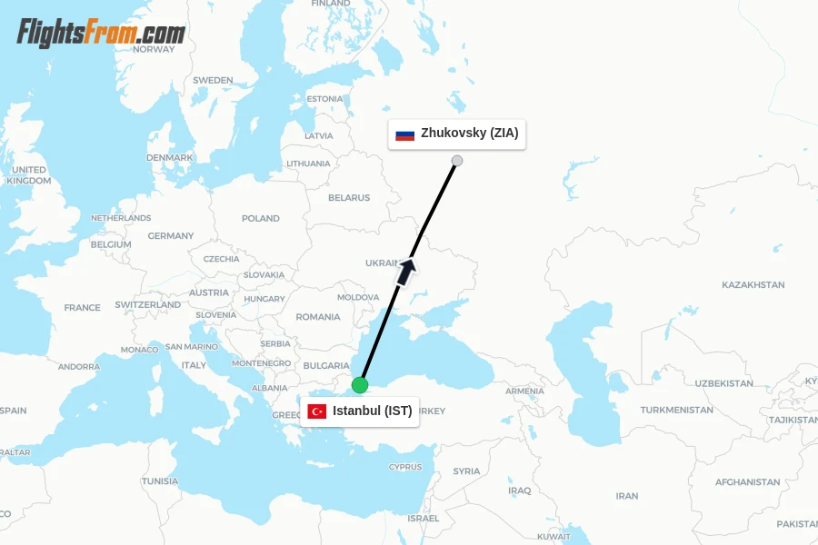 Flights from Istanbul to Zhukovsky route map