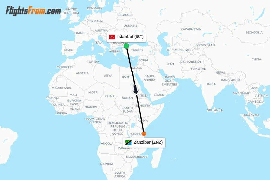Flights from Istanbul to Zanzibar route map