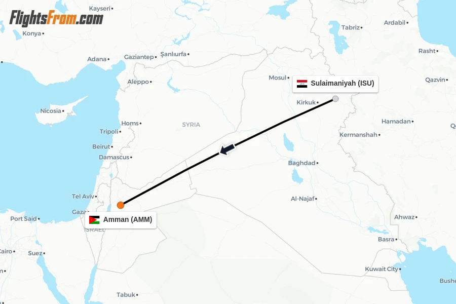 Flights from Sulaimaniyah to Amman route map