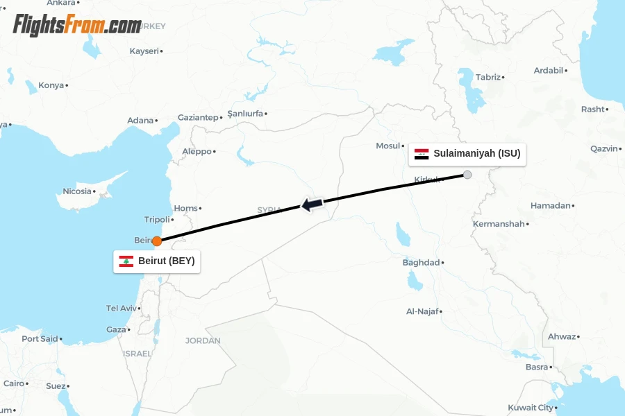 Flights from Sulaimaniyah to Beirut route map