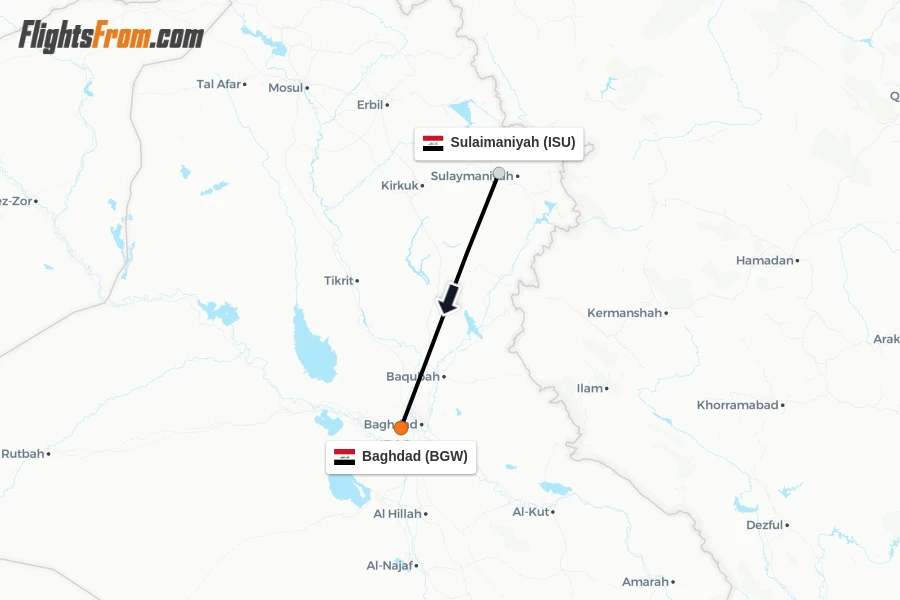 Flights from Sulaimaniyah to Baghdad route map