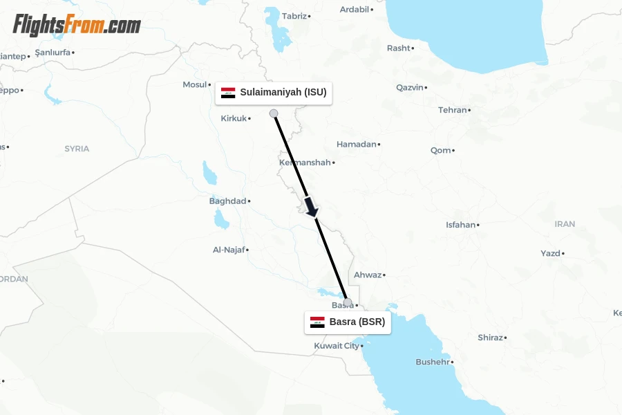 Flights from Sulaimaniyah to Basra route map