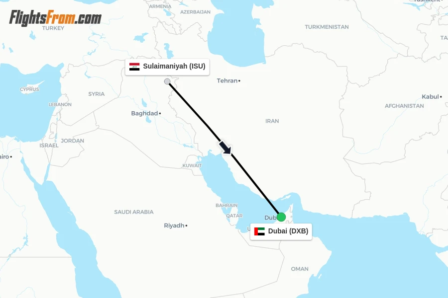 Flights from Sulaimaniyah to Dubai route map