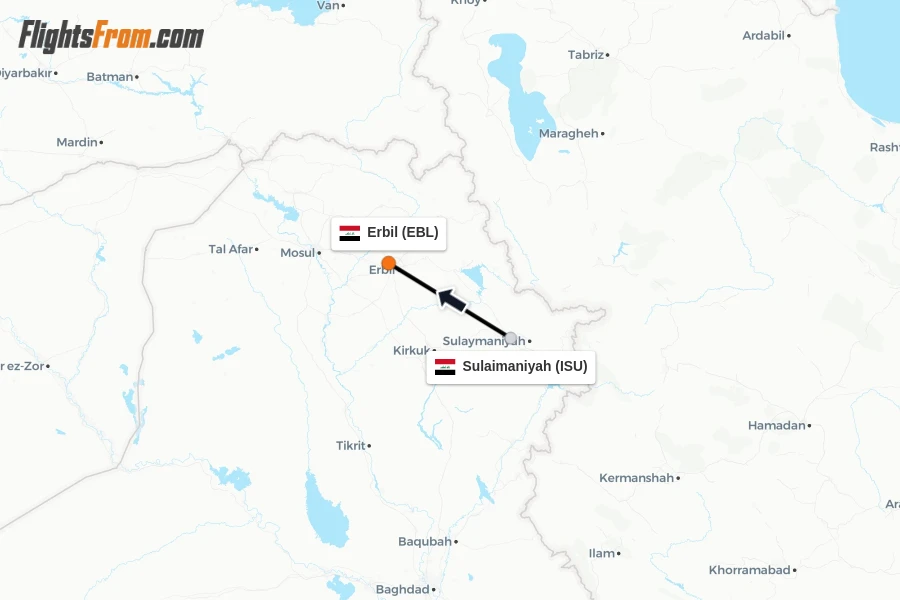 Flights from Sulaimaniyah to Erbil route map