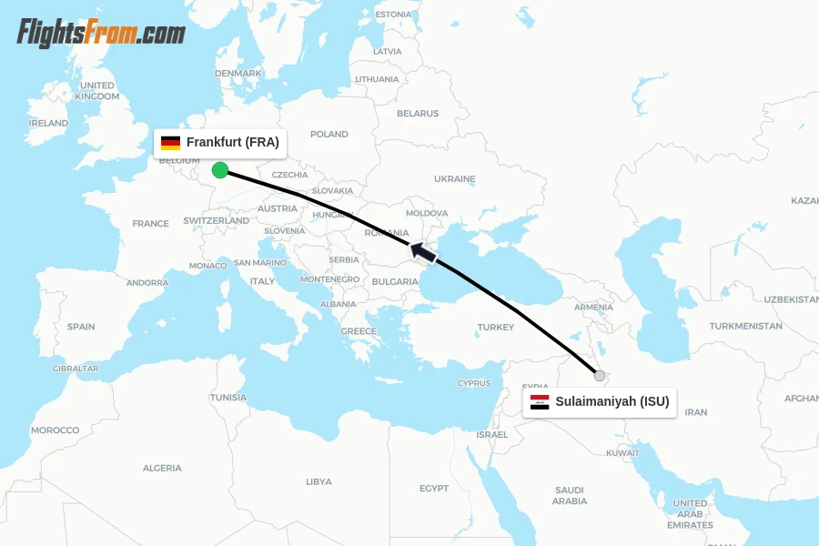 Flights from Sulaimaniyah to Frankfurt route map