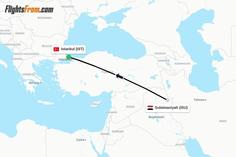 Flights from Sulaimaniyah to Istanbul route map