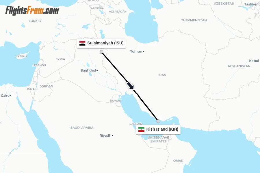 Flights from Sulaimaniyah to Kish Island route map
