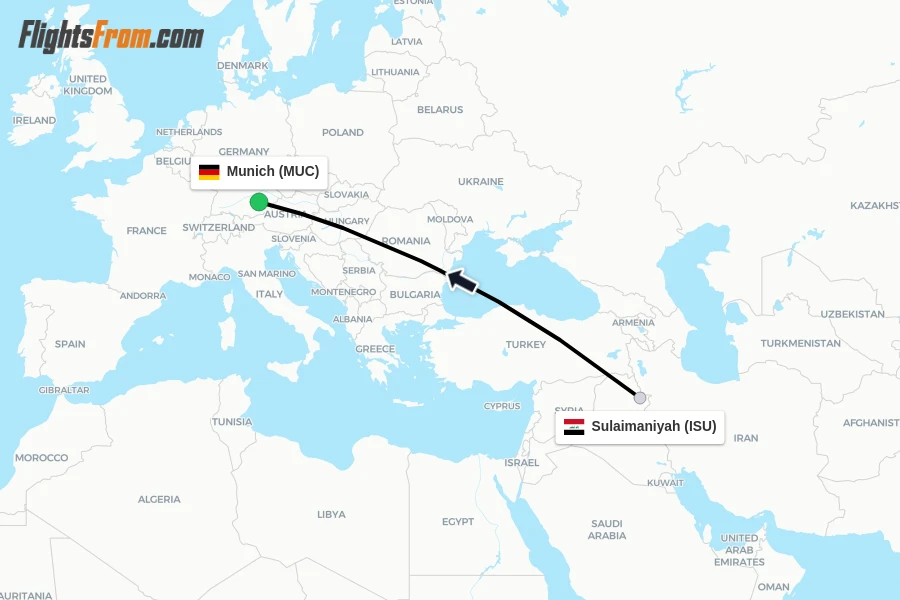 Flights from Sulaimaniyah to Munich route map