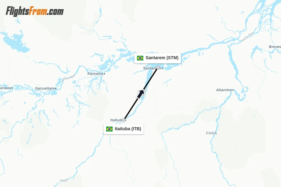 Flights from Itaituba to Santarem route map