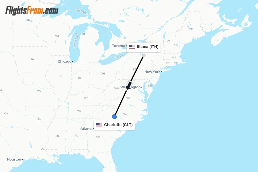 Flights from Ithaca to Charlotte route map