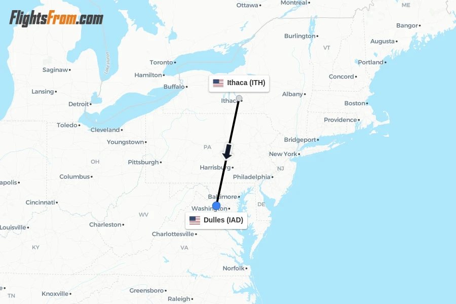 Flights from Ithaca to Dulles route map