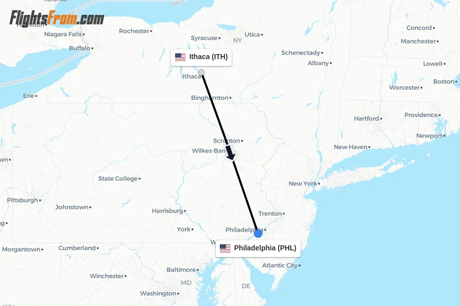 Flights from Ithaca to Philadelphia route map