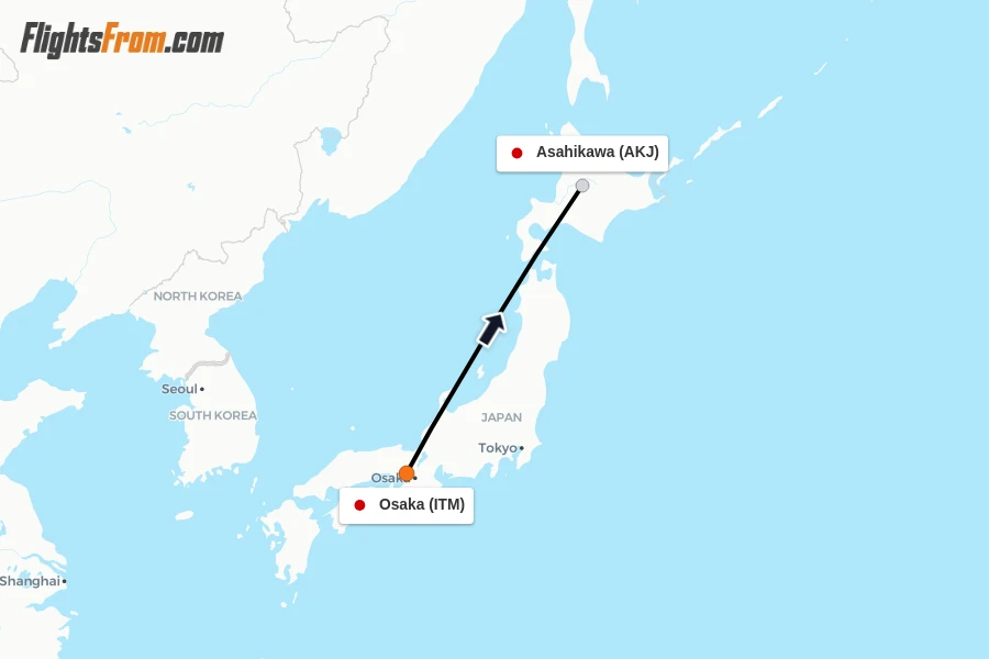 Flights from Osaka to Asahikawa route map