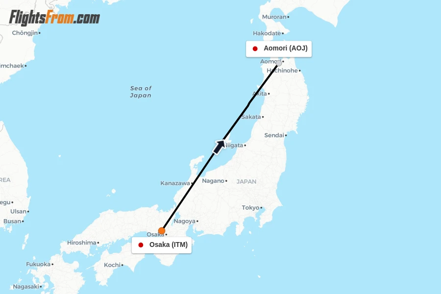 Flights from Osaka to Aomori route map