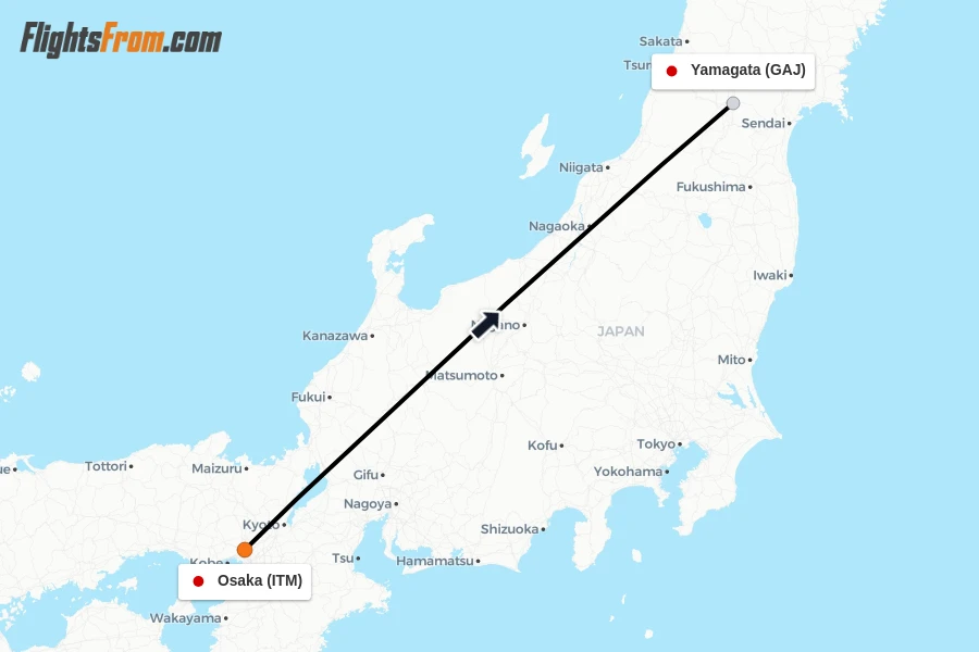 Flights from Osaka to Yamagata route map