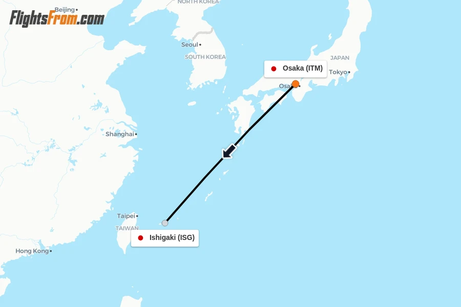 Flights from Osaka to Ishigaki route map