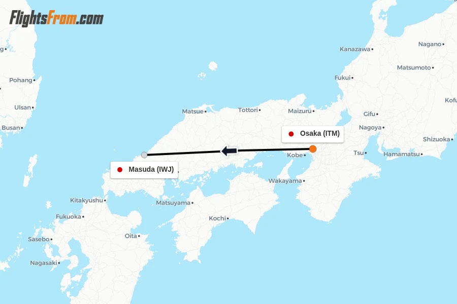 Flights from Osaka to Masuda route map