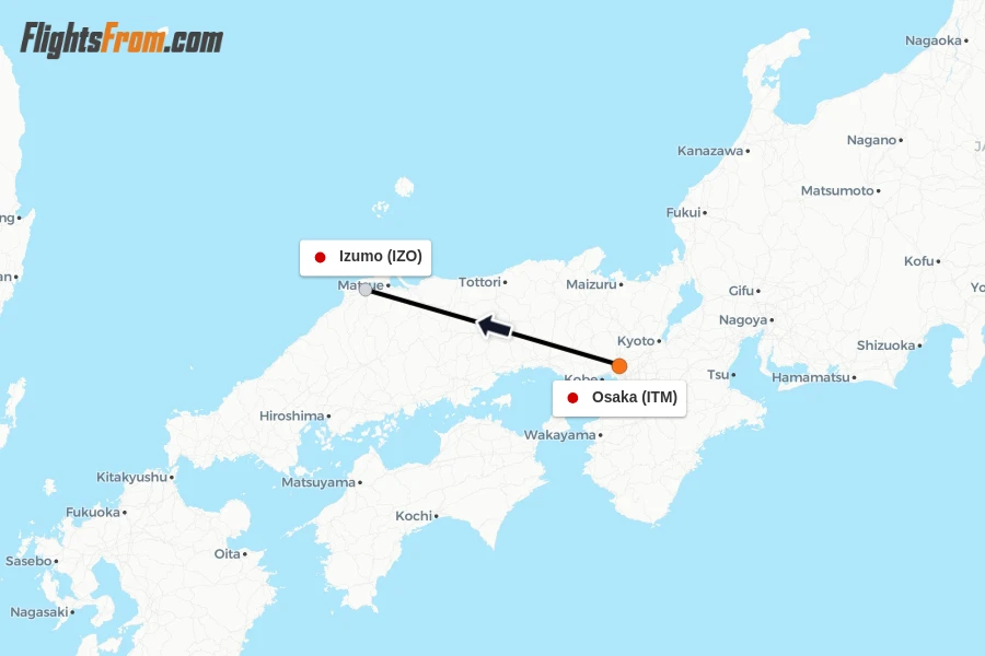 Flights from Osaka to Izumo route map