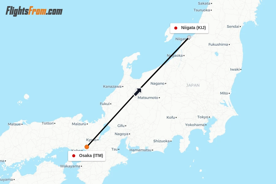 Flights from Osaka to Niigata route map
