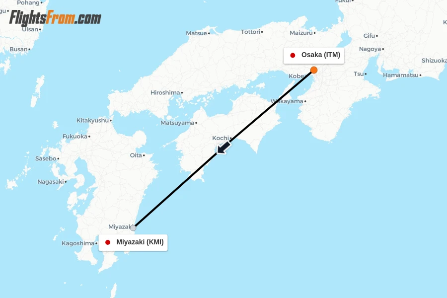 Flights from Osaka to Miyazaki route map