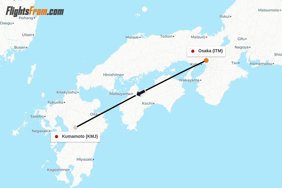 Flights from Osaka to Kumamoto route map