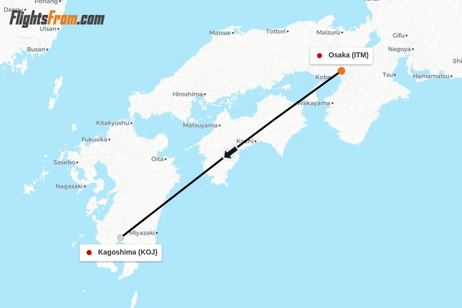 Flights from Osaka to Kagoshima route map